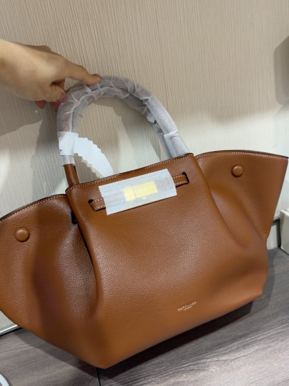 DeMellier The New York Cognac Grained Leather Wing Tote Bag